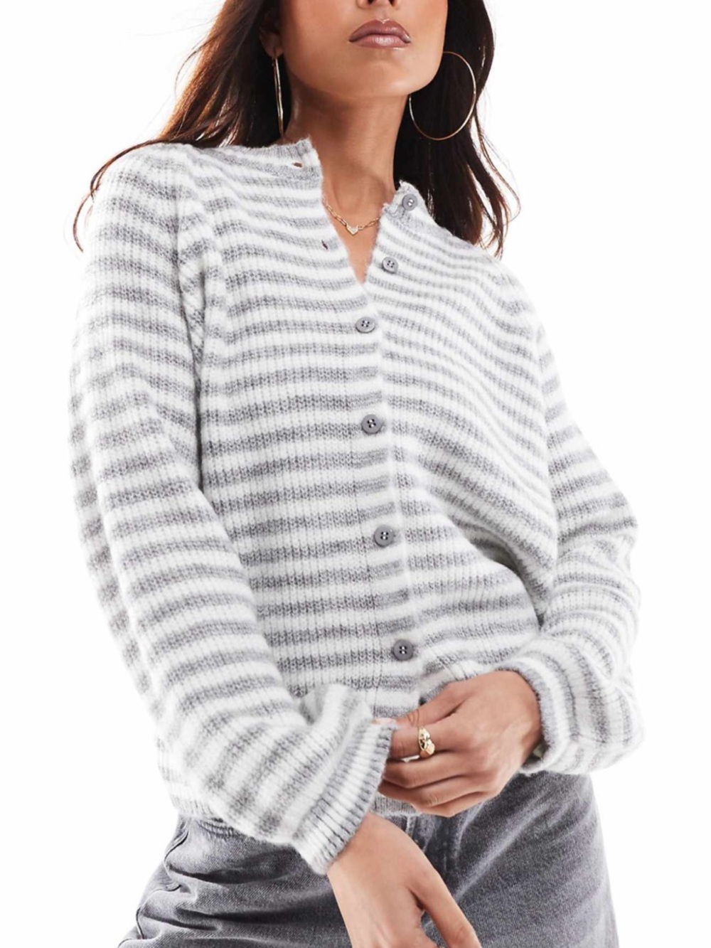 ASOS DESIGN Striped Cozy Button-Front Sweater Cardigan - Gray/White